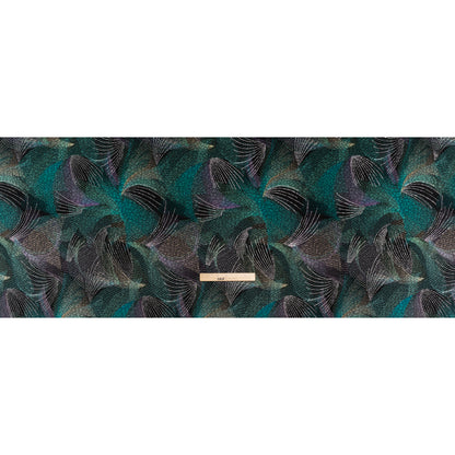 Stretch Polyester Jacquard Double Knit with Metallic Foiling - Teal, Purple and Black Abstract Swishes