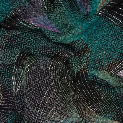 Stretch Polyester Jacquard Double Knit with Metallic Foiling - Teal, Purple and Black Abstract Swishes