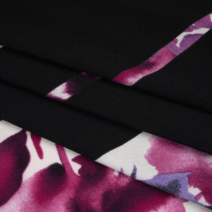 Stretch Polyester Crepe Knit Panel - Black, Mulberry and Dark Purple Floral Stripes