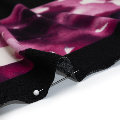 Stretch Polyester Crepe Knit Panel - Black, Mulberry and Dark Purple Floral Stripes