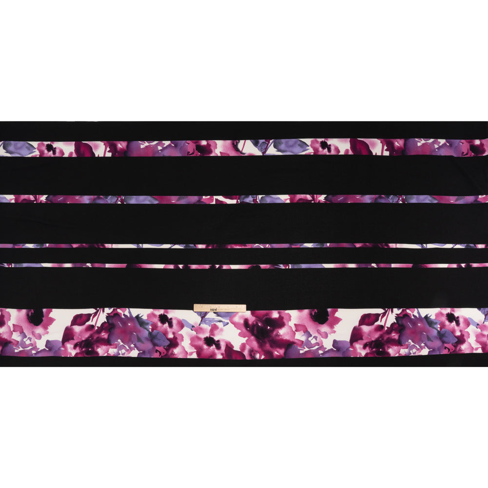 Stretch Polyester Crepe Knit Panel - Black, Mulberry and Dark Purple Floral Stripes - Full