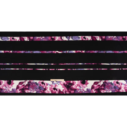 Stretch Polyester Crepe Knit Panel - Black, Mulberry and Dark Purple Floral Stripes