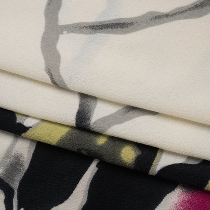 Stretch Polyester Crepe Knit Print - Magenta, Black, and Cream Painterly Drip Borders