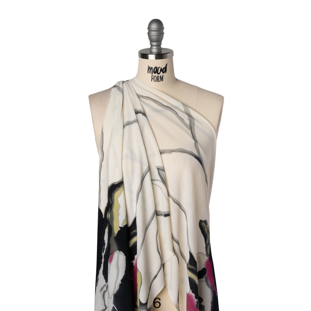 Stretch Polyester Crepe Knit Print - Magenta, Black, and Cream Painterly Drip Borders - Drape