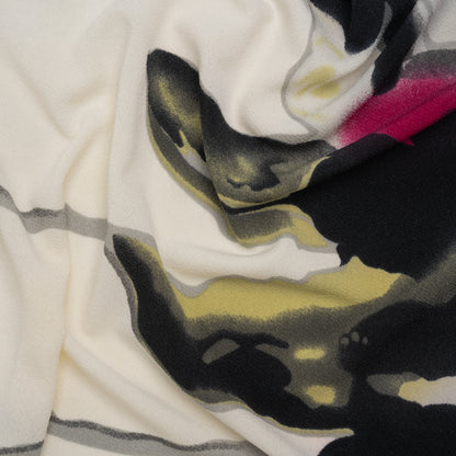 Stretch Polyester Crepe Knit Print - Magenta, Black, and Cream Painterly Drip Borders