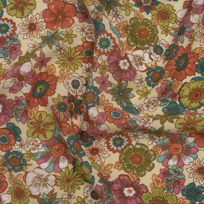 Rayon Challis Print - Teal, Green and Red Floral - Deadstock
