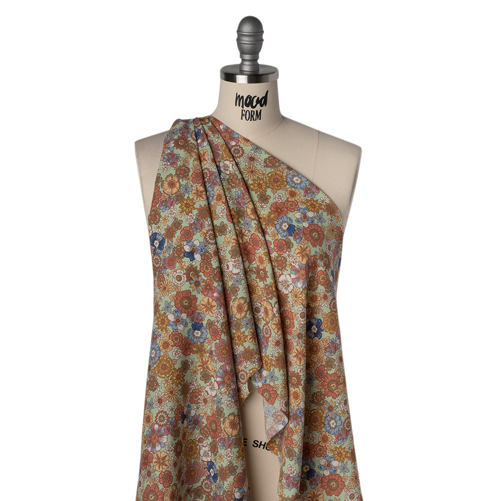Rayon Challis Print - Red, Mustard Yellow and Mint Green Floral - Deadstock - Drape