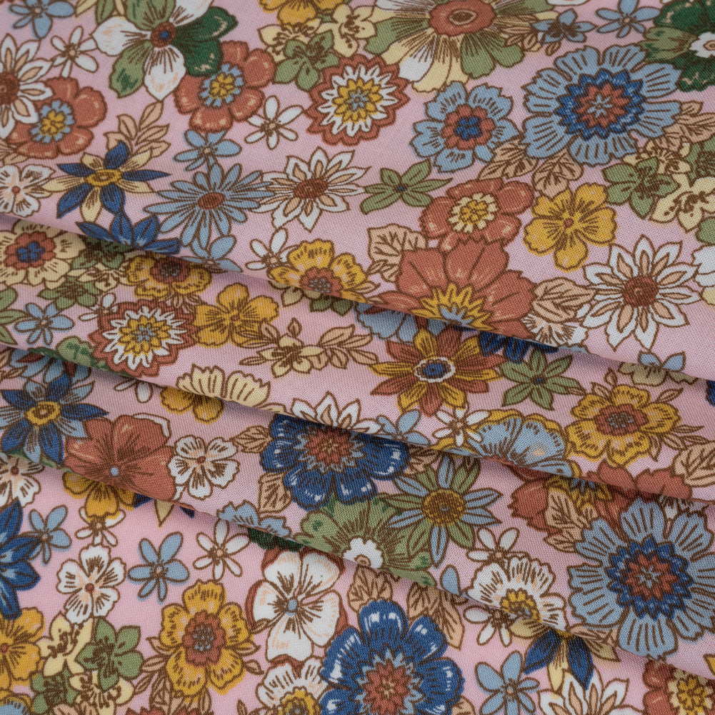 Rayon Challis Print - Blue, Red and Pink Floral - Deadstock - Folded
