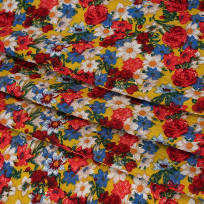 Rayon Challis Print - Red, Yellow and Blue Vintage Floral - Deadstock