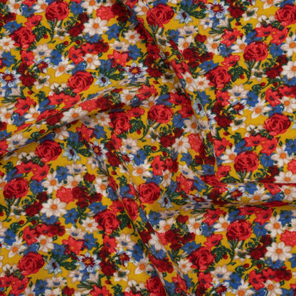 Rayon Challis Print - Red, Yellow and Blue Vintage Floral - Deadstock