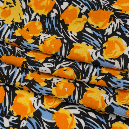 Rayon Challis Print - Orange, Black and Sky Blue Abstracted Floral - Deadstock