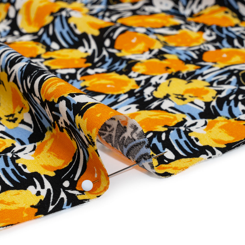 Rayon Challis Print - Orange, Black and Sky Blue Abstracted Floral - Deadstock - Detail