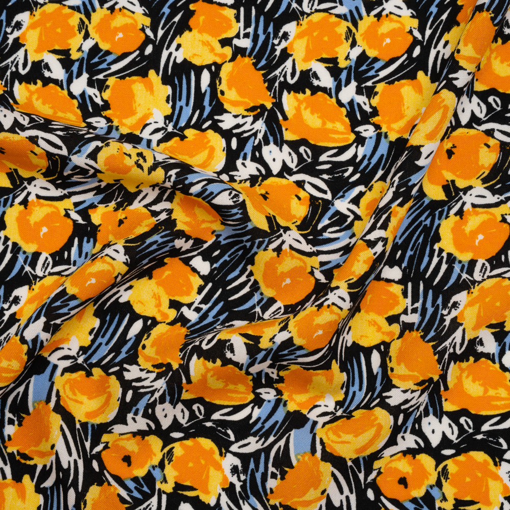 Rayon Challis Print - Orange, Black and Sky Blue Abstracted Floral - Deadstock