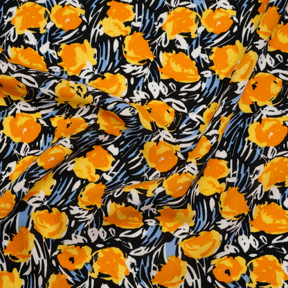 Rayon Challis Print - Orange, Black and Sky Blue Abstracted Floral - Deadstock