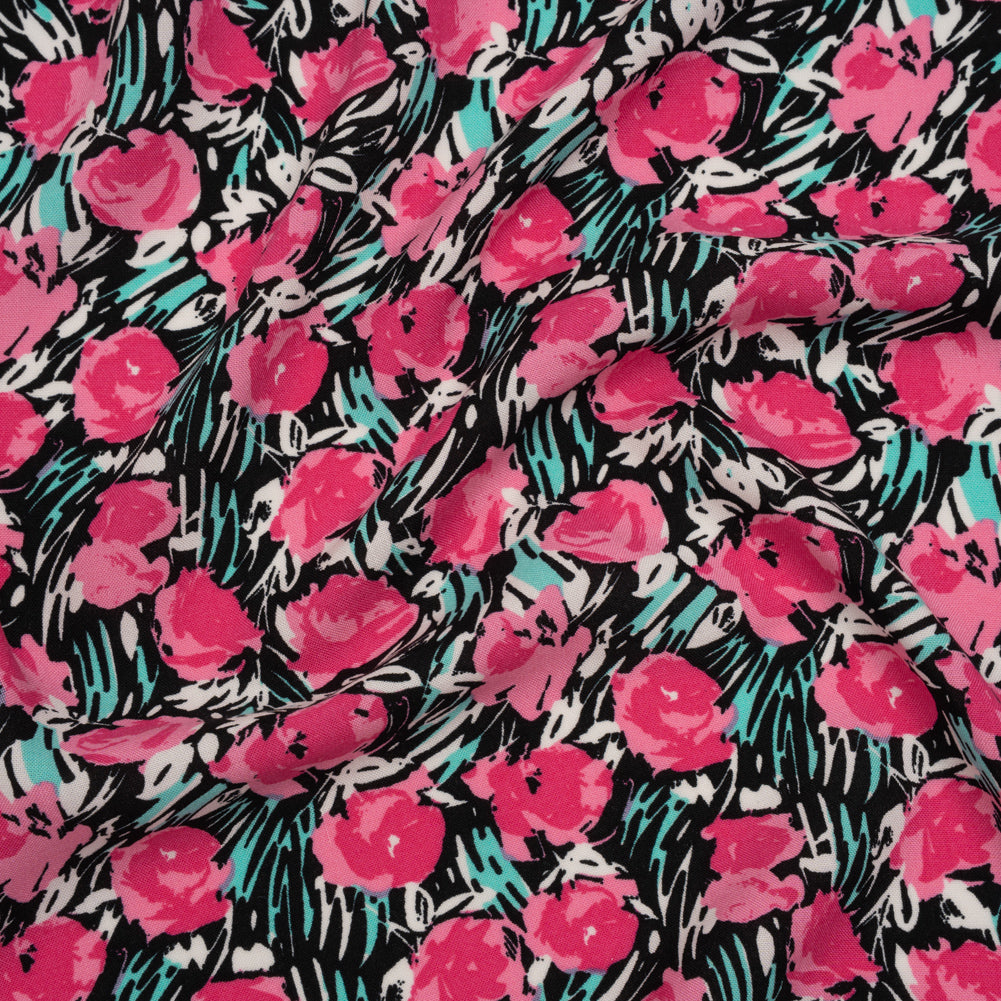 Rayon Challis Print - Pink, Black and Mint Green Abstracted Floral - Deadstock