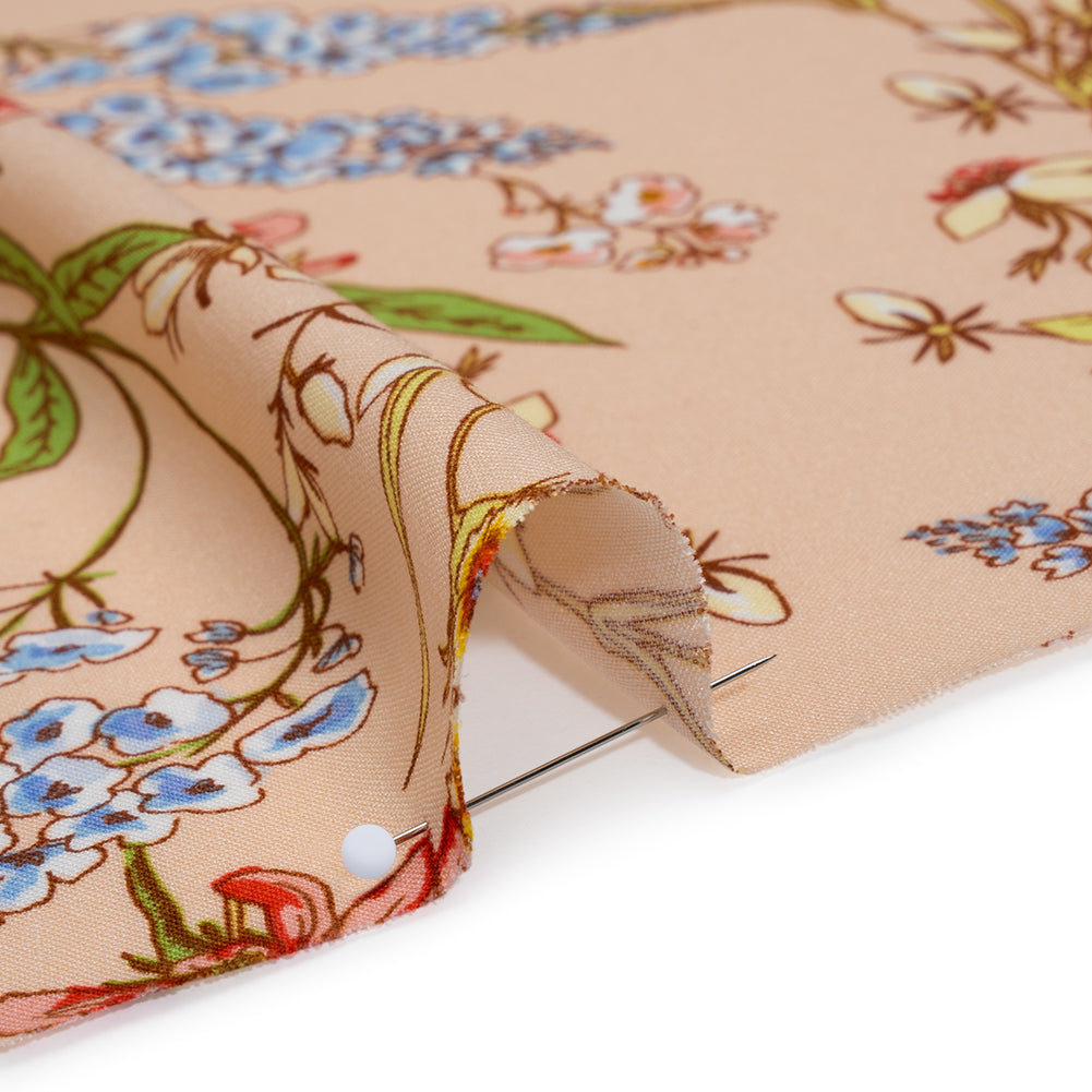 Rayon Challis Print - Blush Pink, Blue and Green Wildflower Floral - Deadstock - Detail