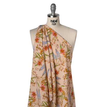 Rayon Challis Print - Blush Pink, Blue and Green Wildflower Floral - Deadstock