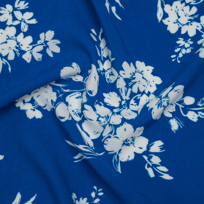 Rayon Challis Print - Royal Blue and White Painterly Floral - Deadstock