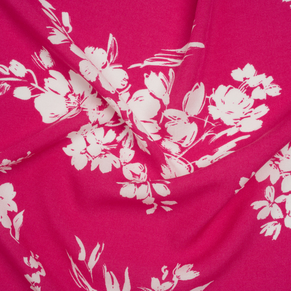 Rayon Challis Print - Fuchsia Pink and White Painterly Floral - Deadstock
