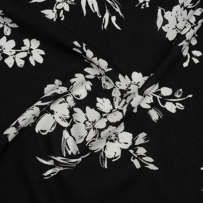 Rayon Challis Print - Black and White Painterly Floral - Deadstock