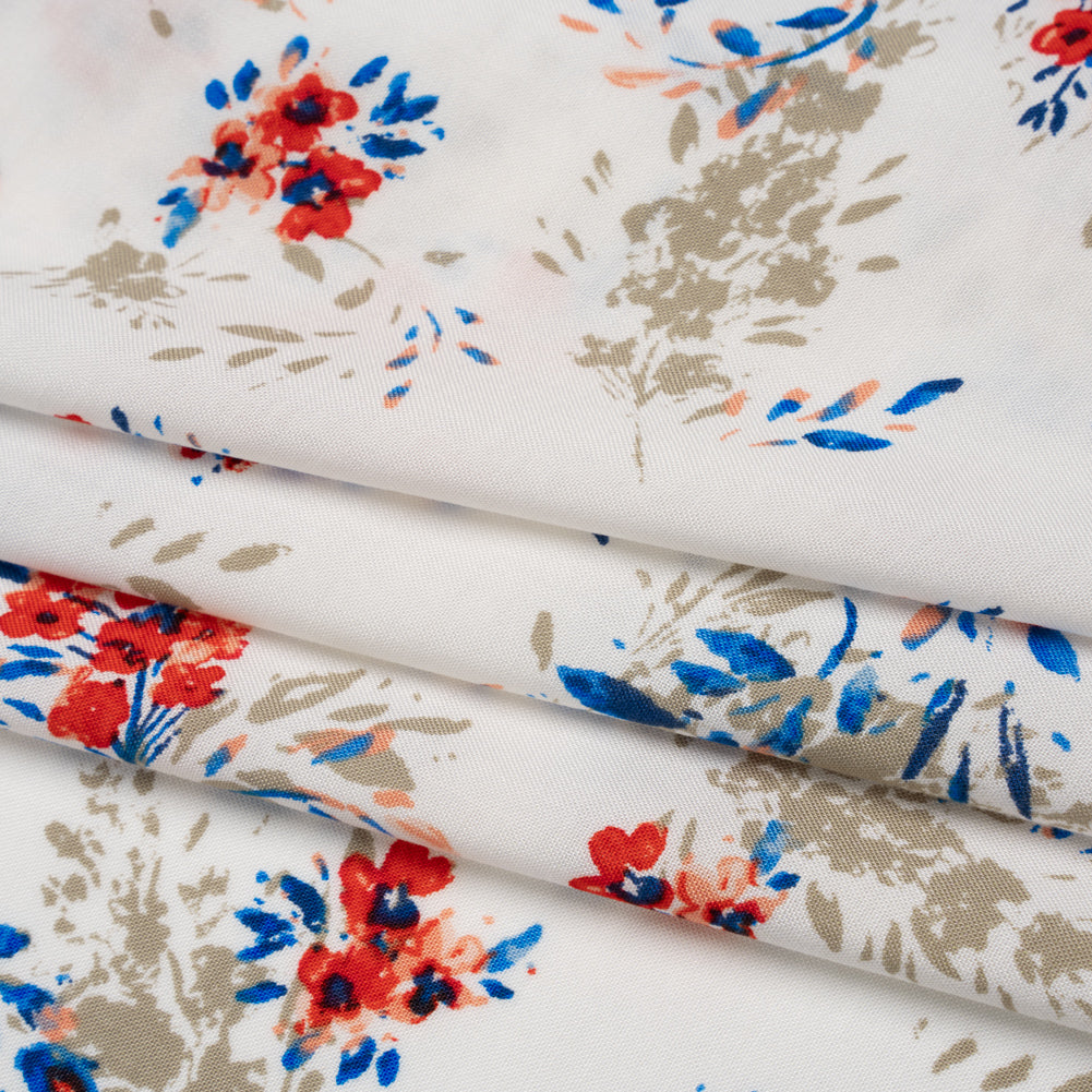 Rayon Challis Print - Red, Blue and Cream Wispy Floral - Deadstock - Folded