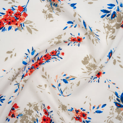 Rayon Challis Print - Red, Blue and Cream Wispy Floral - Deadstock