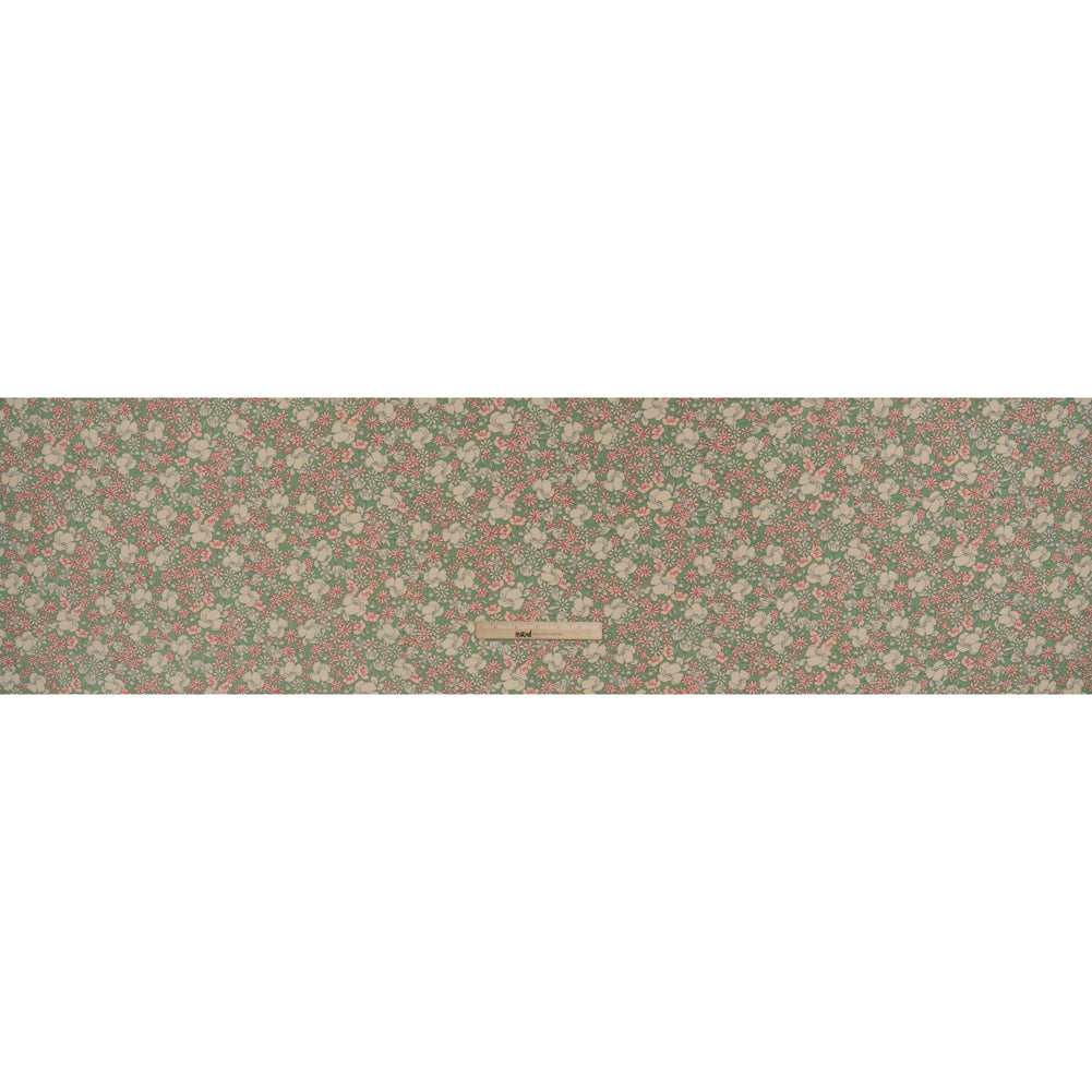 Rayon Challis Print - Sage Green, Red and Light Beige Floral Outlines - Deadstock - Full