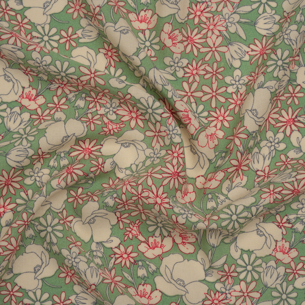 Rayon Challis Print - Sage Green, Red and Light Beige Floral Outlines - Deadstock