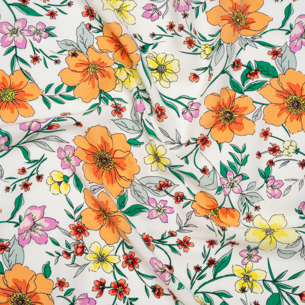 Rayon Challis Print - Creamsicle Orange, Yellow and Orchid Pink Floral - Deadstock