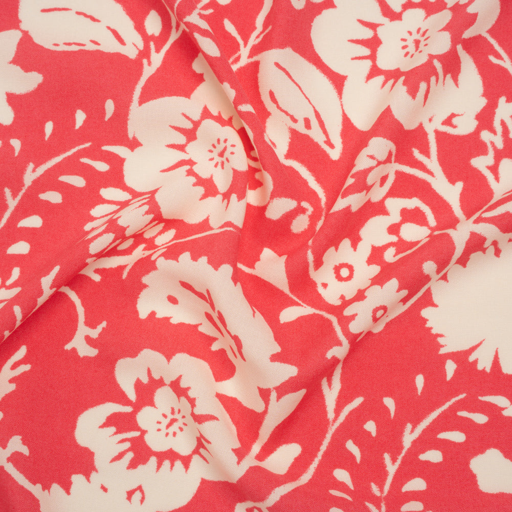 Rayon Challis Print - Coral Pink and Off White Floral - Deadstock