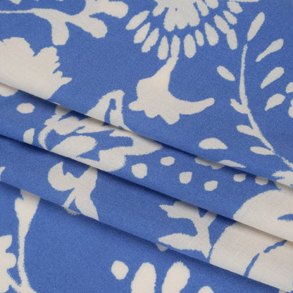 Rayon Challis Print - Cerulean Blue and Off White Floral - Deadstock