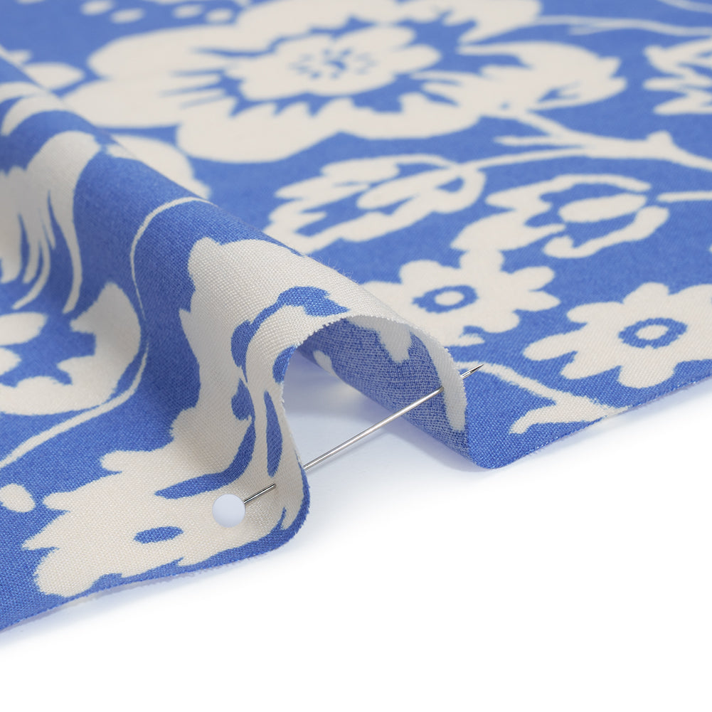 Rayon Challis Print - Cerulean Blue and Off White Floral - Deadstock - Detail