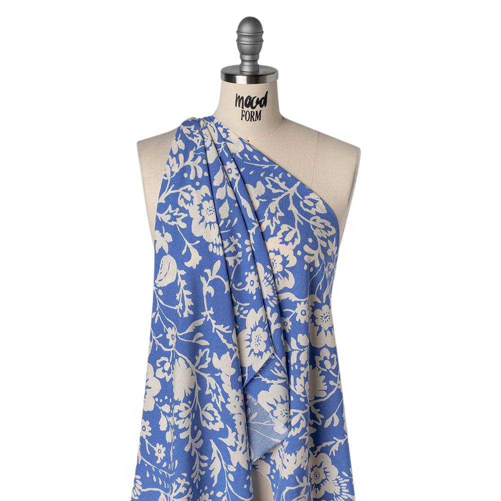Rayon Challis Print - Cerulean Blue and Off White Floral - Deadstock - Drape