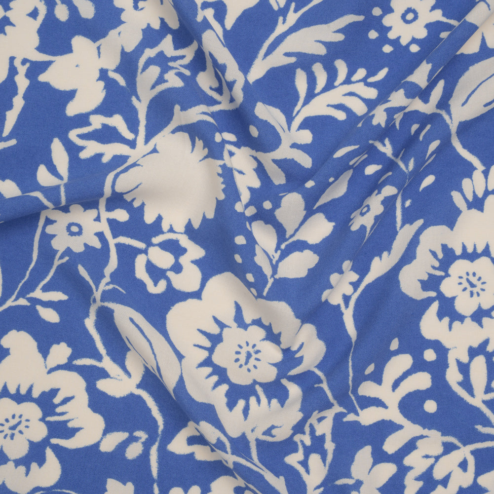 Rayon Challis Print - Cerulean Blue and Off White Floral - Deadstock