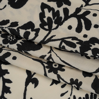 Rayon Challis Print - Black and Cream Floral - Deadstock