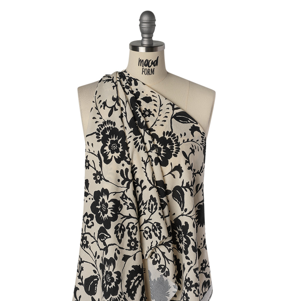 Rayon Challis Print - Black and Cream Floral - Deadstock - Drape