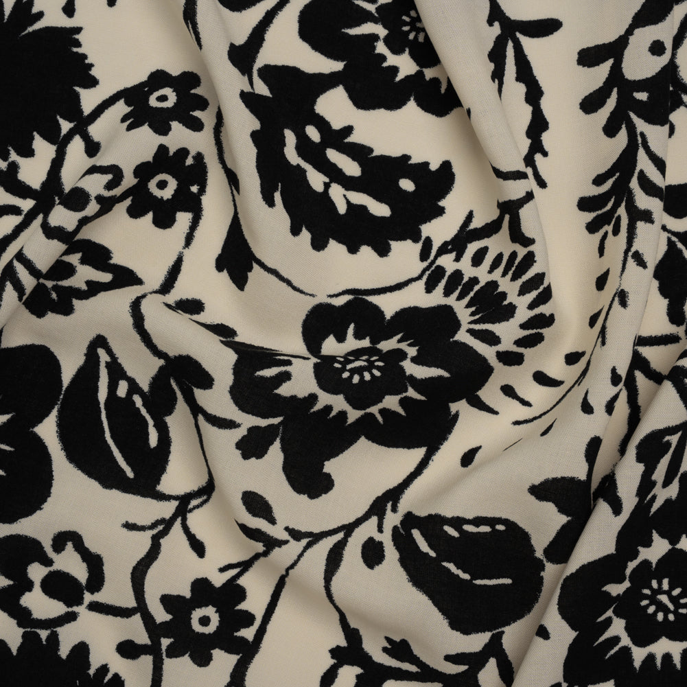 Rayon Challis Print - Black and Cream Floral - Deadstock