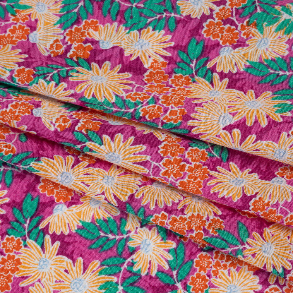 Rayon Challis Print - Magenta Pink, Tangerine Orange and Green Tropical Floral - Deadstock - Folded