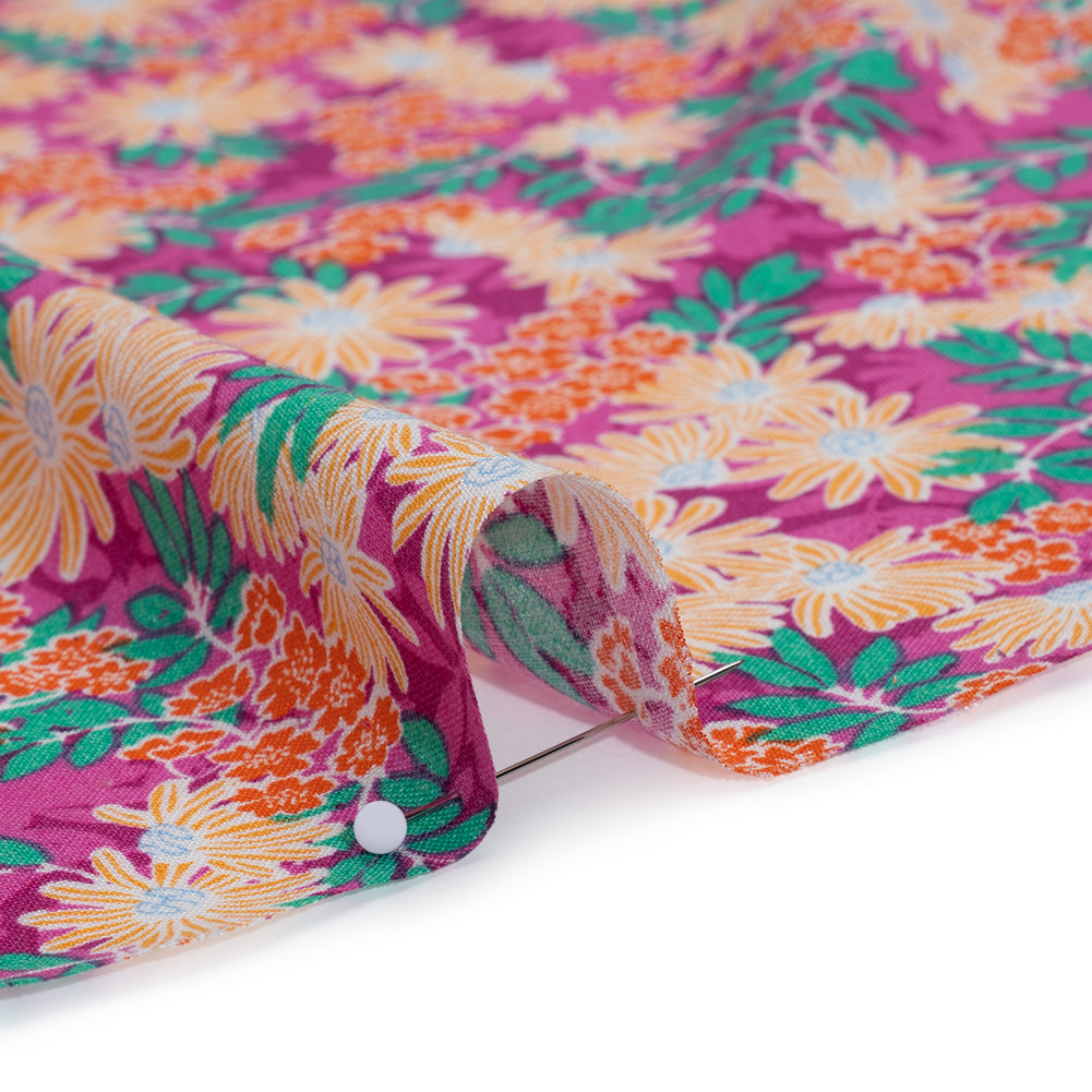 Rayon Challis Print - Magenta Pink, Tangerine Orange and Green Tropical Floral - Deadstock - Detail