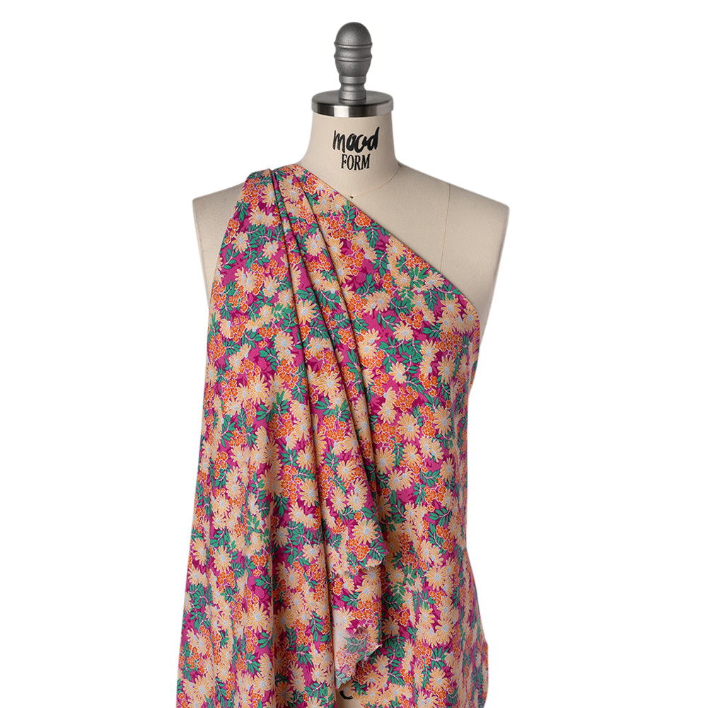 Rayon Challis Print - Magenta Pink, Tangerine Orange and Green Tropical Floral - Deadstock - Drape