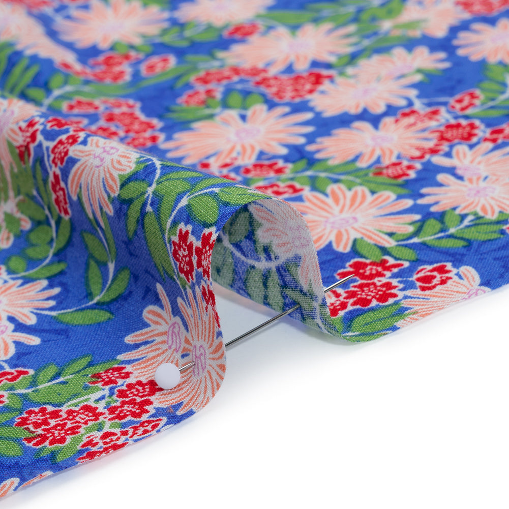 Rayon Challis Print - Azure Blue, Chili Red and Green Tropical Floral - Deadstock - Detail