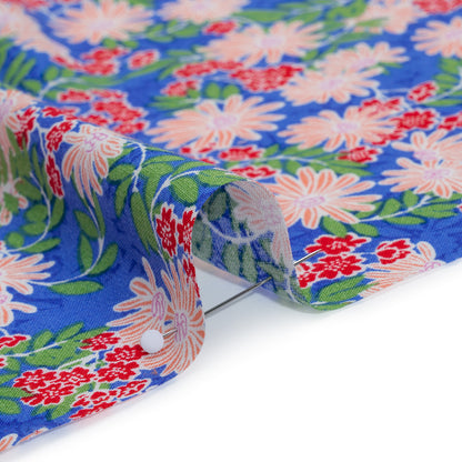 Rayon Challis Print - Azure Blue, Chili Red and Green Tropical Floral - Deadstock