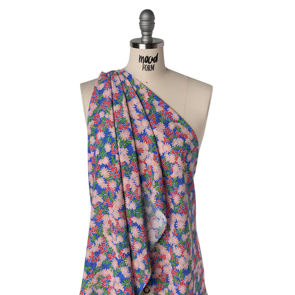 Rayon Challis Print - Azure Blue, Chili Red and Green Tropical Floral - Deadstock - Drape