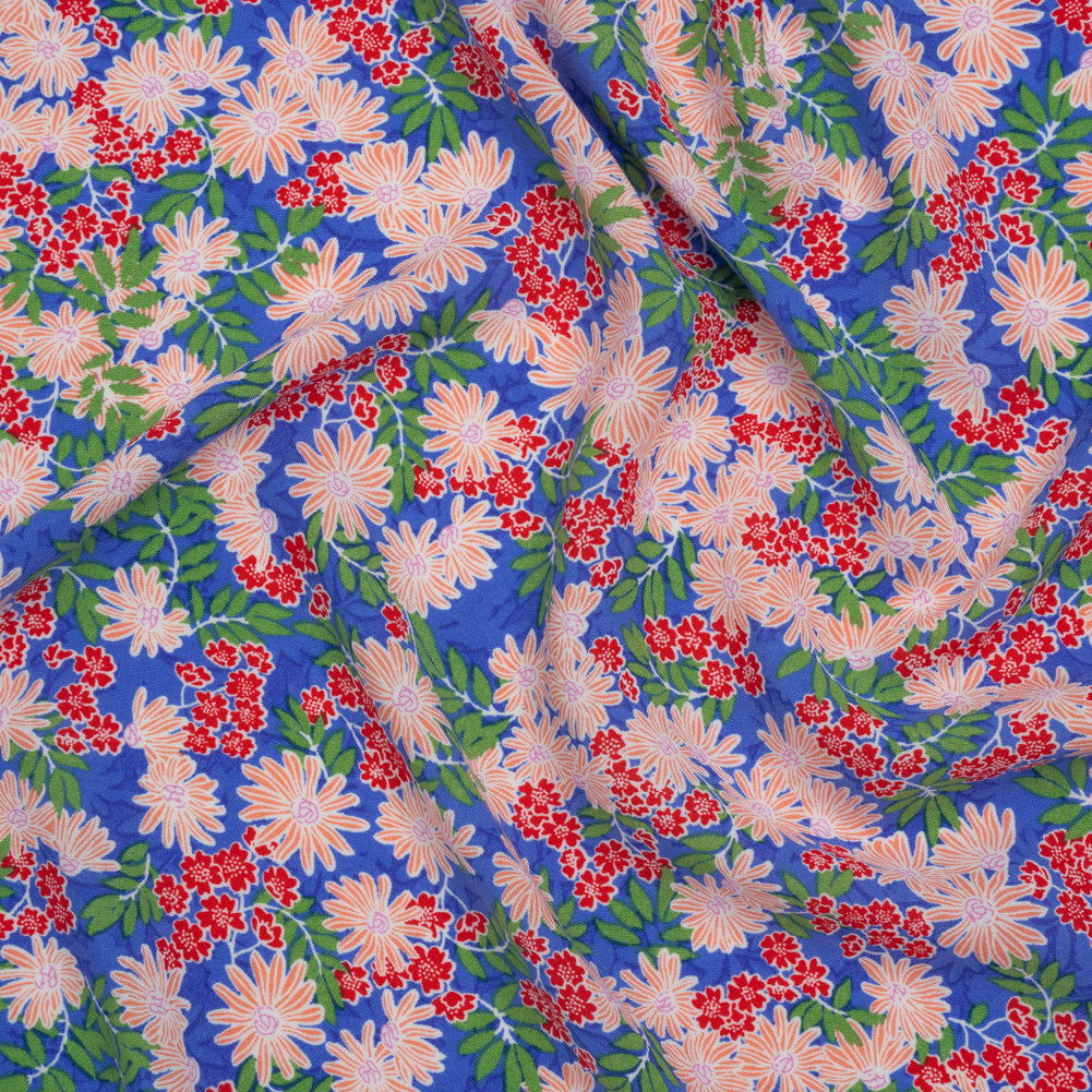 Rayon Challis Print - Azure Blue, Chili Red and Green Tropical Floral - Deadstock