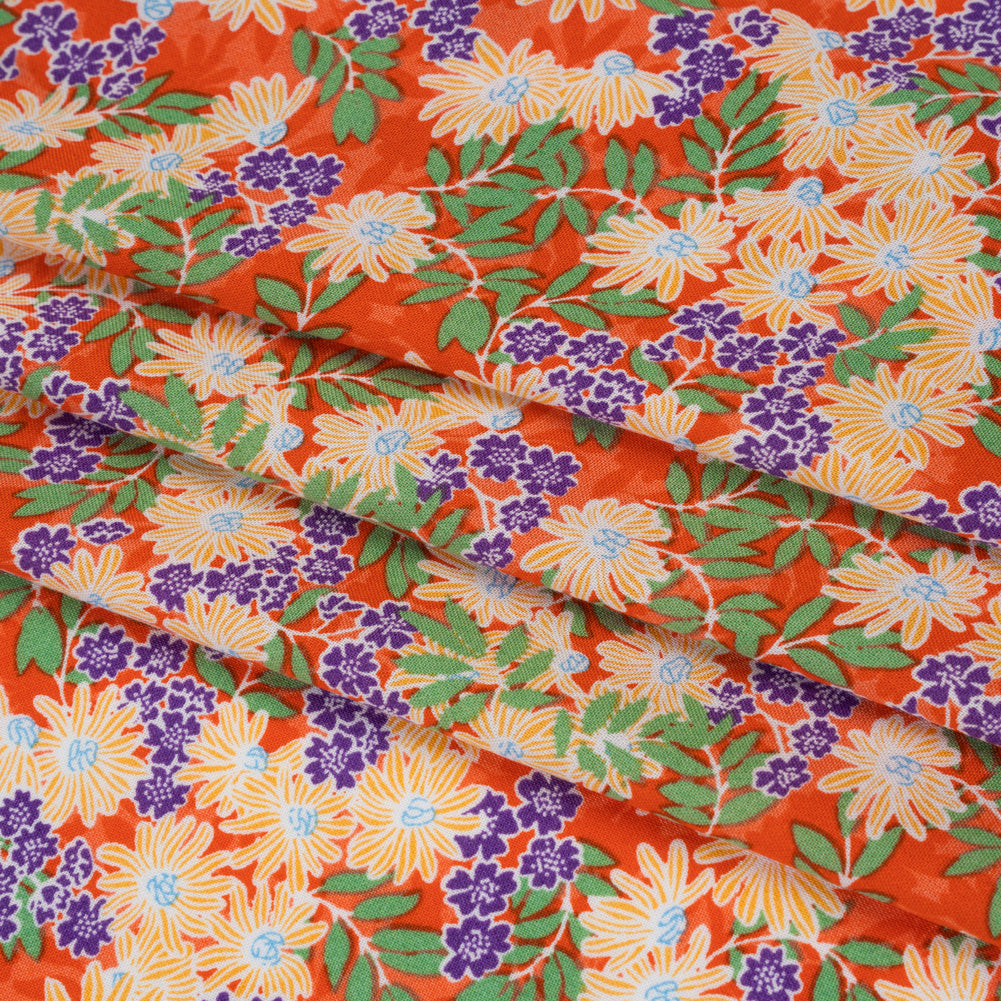 Rayon Challis Print - Saffron Orange, Purple and Green Tropical Floral - Deadstock - Folded