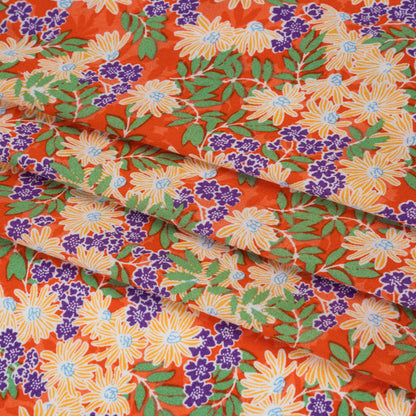 Rayon Challis Print - Saffron Orange, Purple and Green Tropical Floral - Deadstock