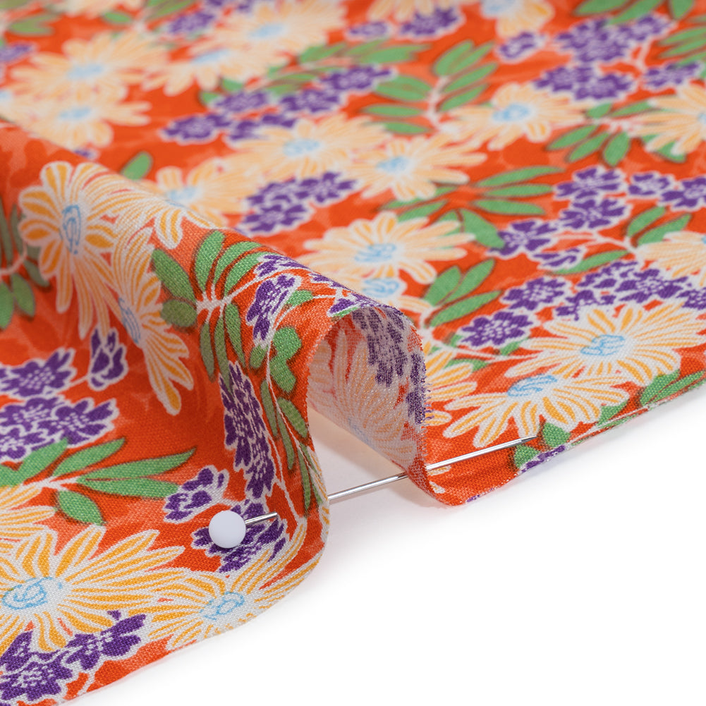 Rayon Challis Print - Saffron Orange, Purple and Green Tropical Floral - Deadstock - Detail