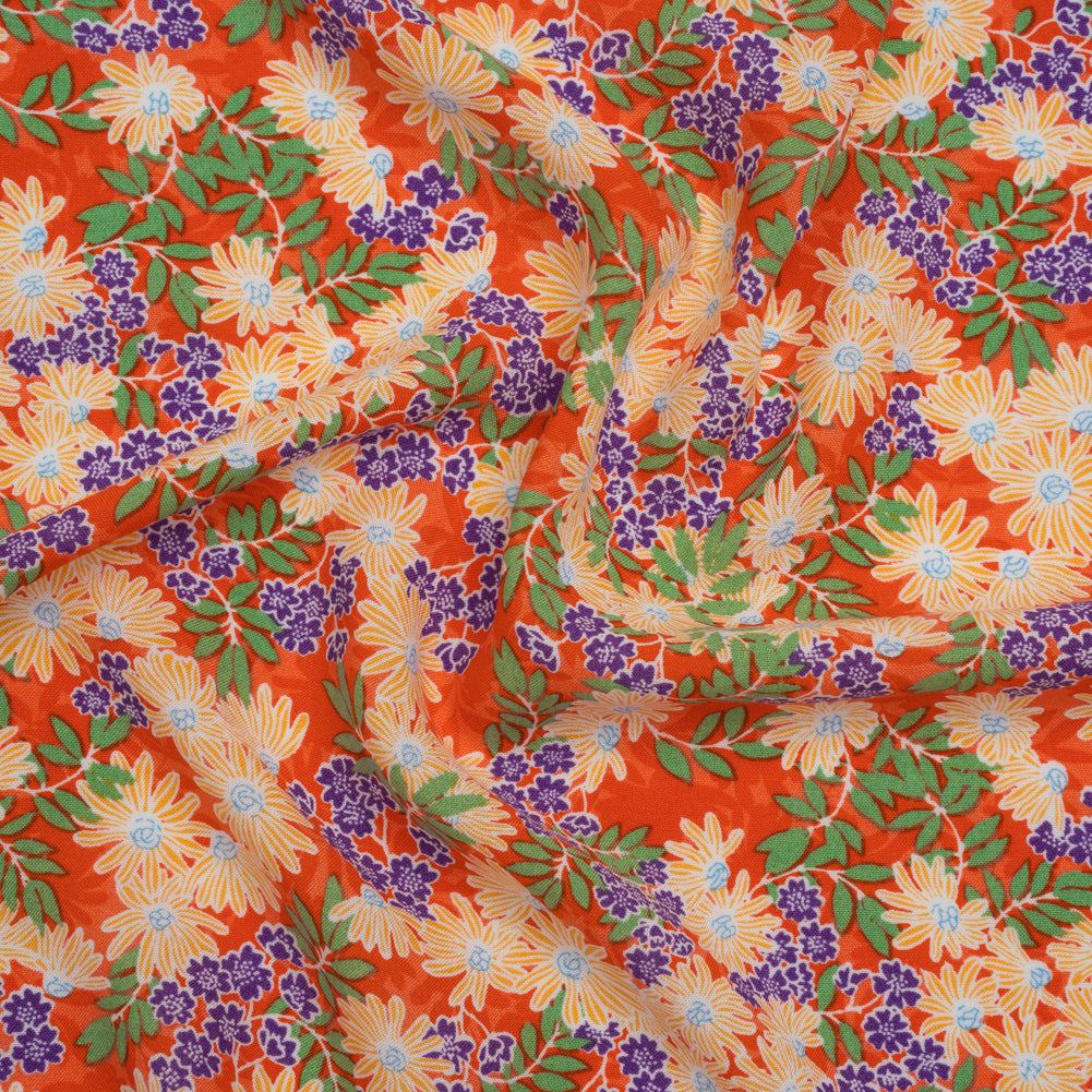 Rayon Challis Print - Saffron Orange, Purple and Green Tropical Floral - Deadstock