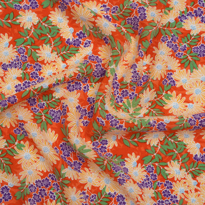 Rayon Challis Print - Saffron Orange, Purple and Green Tropical Floral - Deadstock