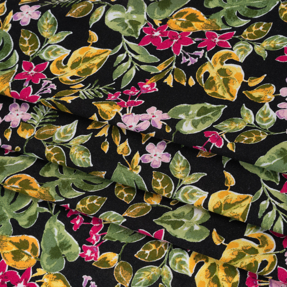Rayon Challis Print - Black, Ruby Pink and Moss Green Watercolor Floral - Deadstock - Folded